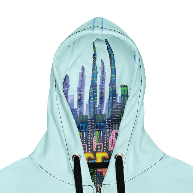 Light blue hoodie with a colorful cityscape Loria NYC Art design on the hood