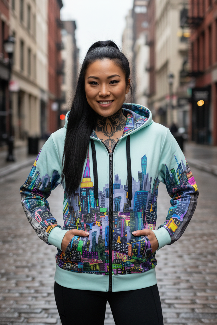 Woman wearing a colorful Loria NYC Art cityscape hoodie on a city street