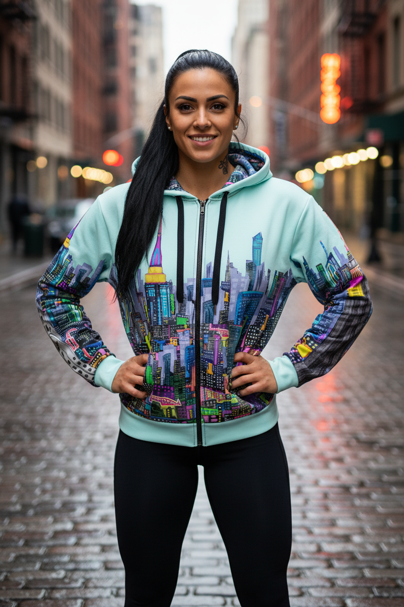 Lady wearing a colorful Loria NYC Art colorful  hoodie on a city street
