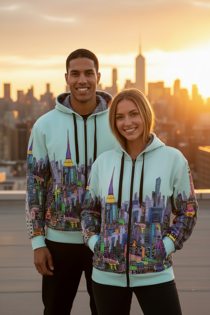 Two people wearing hoodies with a cityscape Loria NYC Art design against a sunset skyline.