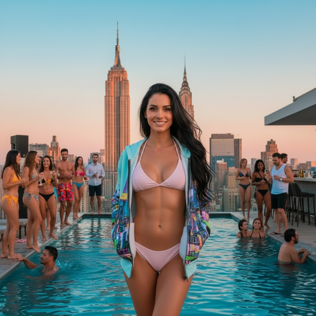 Woman in a colorful Loria NYC Art hoodie standing by a pool with a city skyline in the background