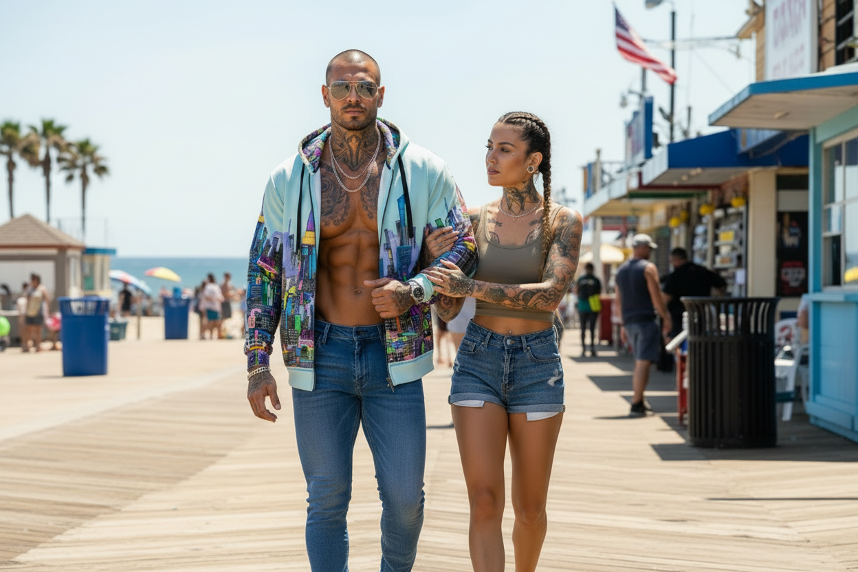 Man wearing colorful Loria NYC Art hoodie walking with woman on a boardwalk with palm trees and beachgoers in the background.