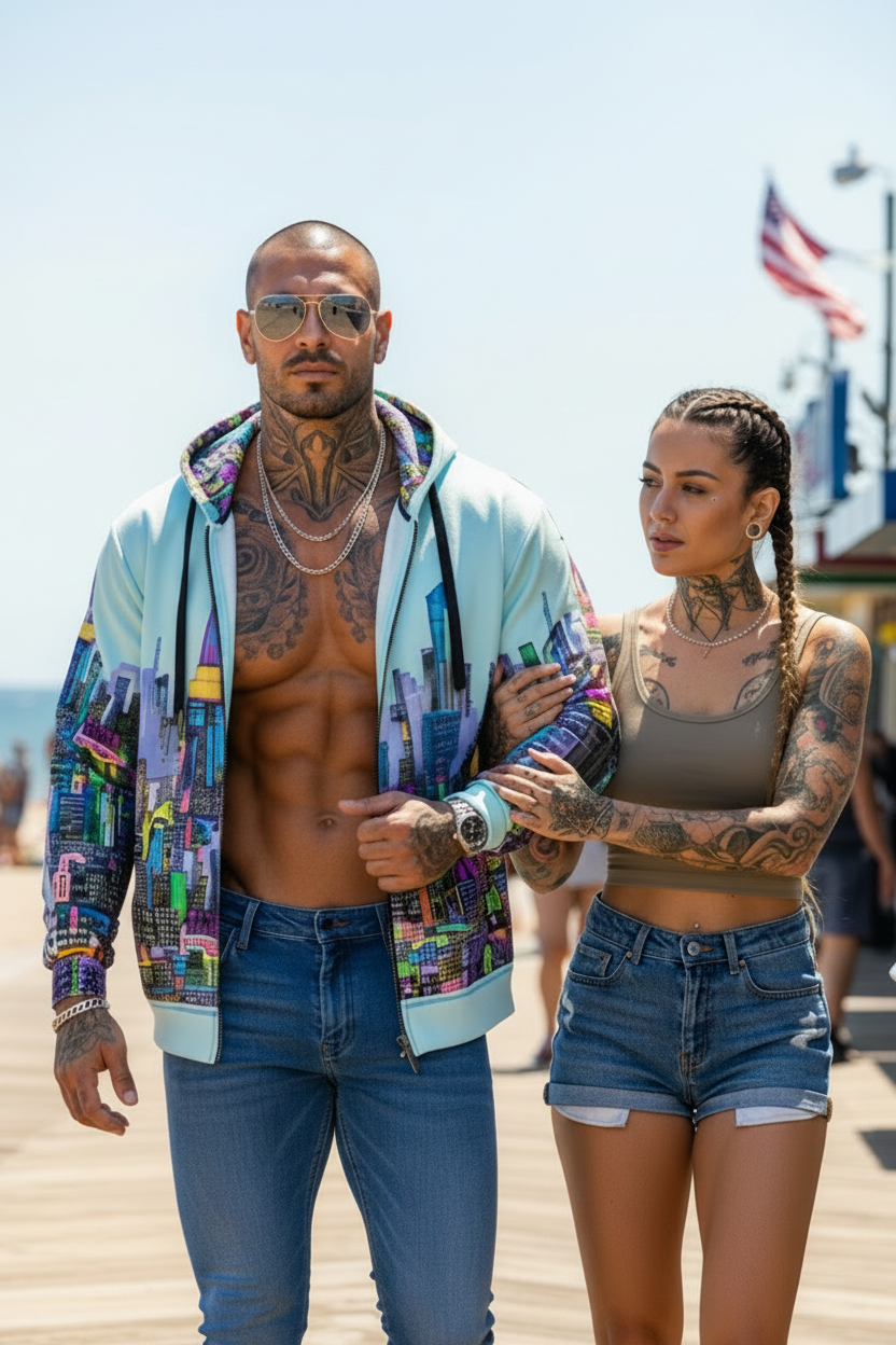 Man wearing a colorful Loria NYC Art hoodie walking with a woman with tattoos standing on a boardwalk