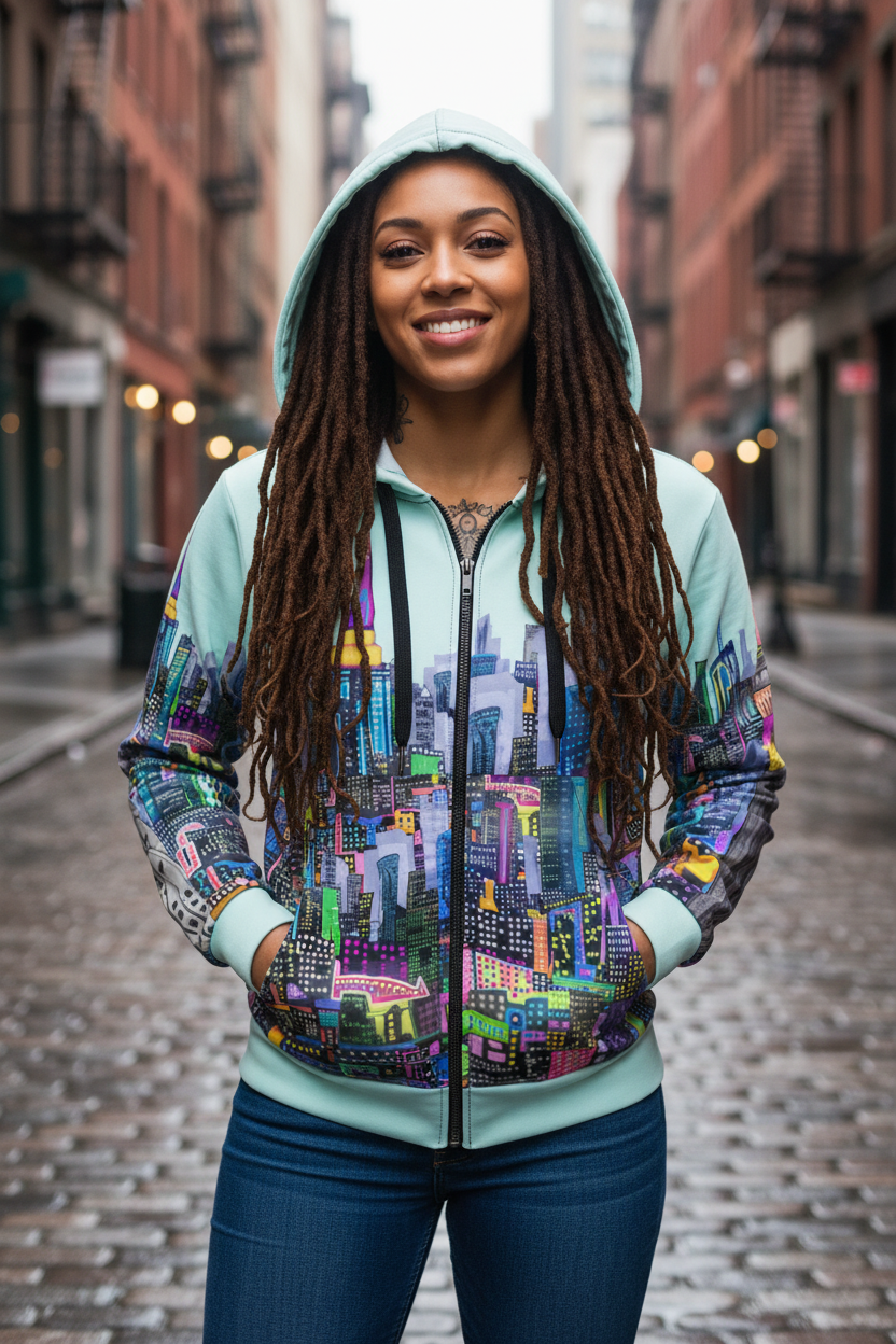 Woman wearing a colorful Loria NYC Art hoodie with a cityscape design on a street.
