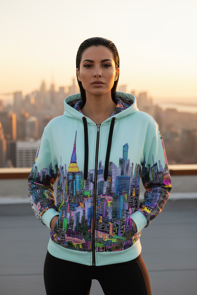 Woman wearing a colorful cityscape Loria NYC Art hoodie with a city skyline in the background