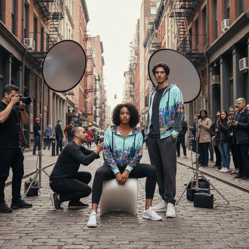 Two models posing in Loria NYC hoodies on a city street with photographers and studio equipment.