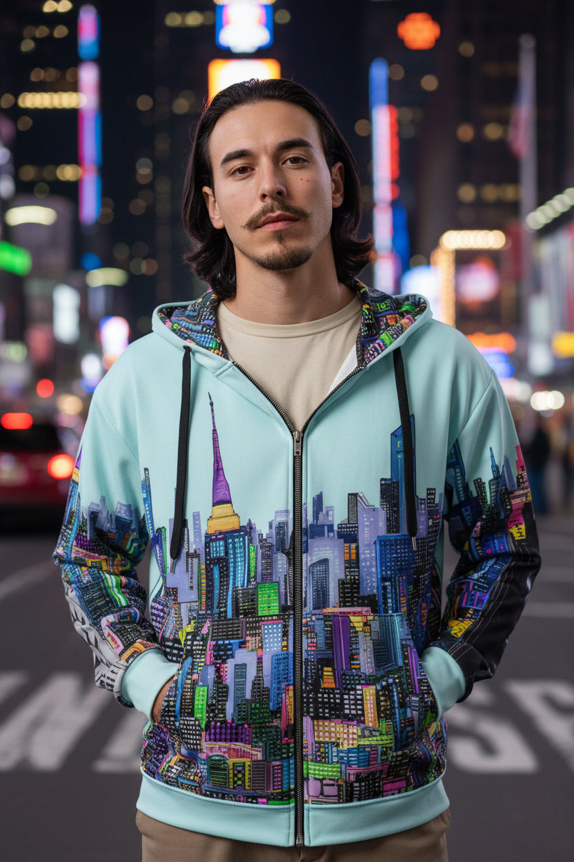 Person wearing a hoodie with a Loria NYC Art cityscape design on a street at night.