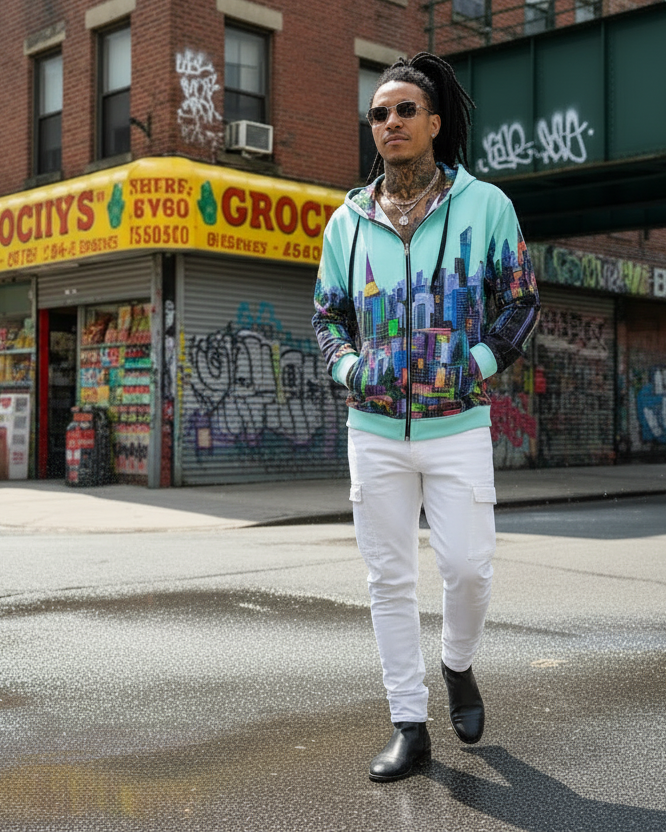 Person wearing a colorful Loria NYC Art jacket and white pants standing on a city street with graffiti-covered buildings.