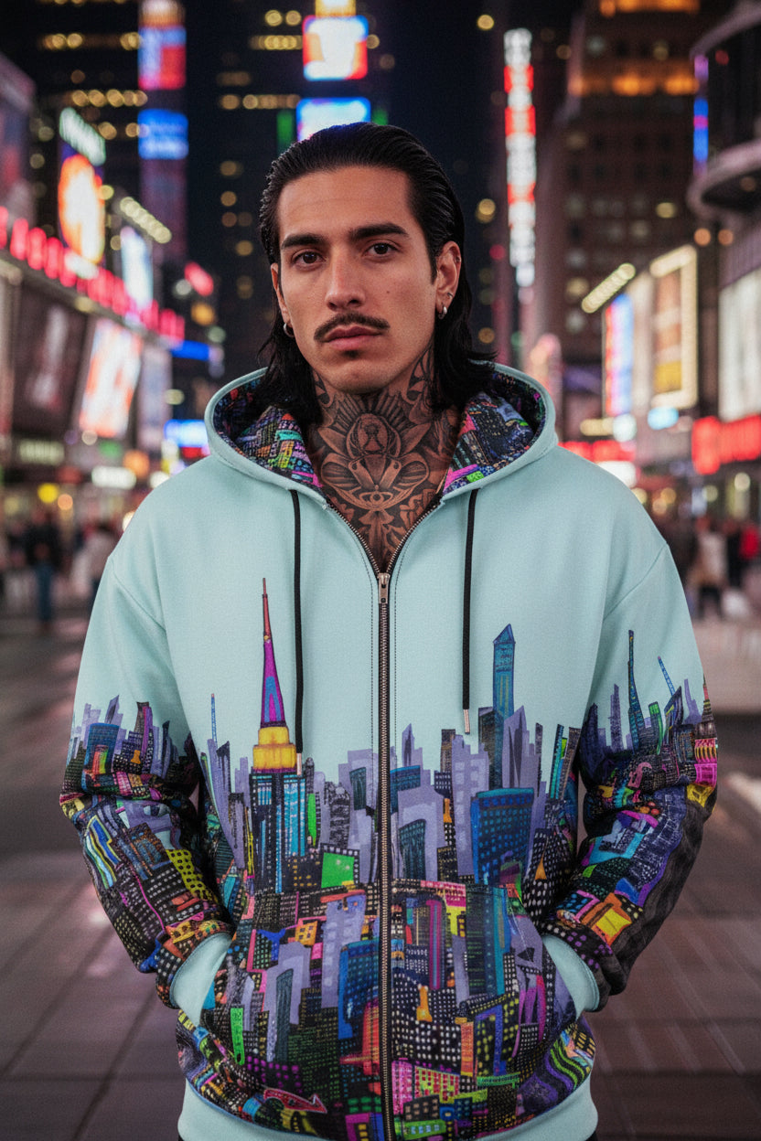 Person wearing a colorful Loria NYC Art hoodie with a cityscape design against a plain background