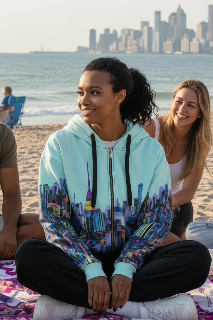 Girl wearing colorful Loria NYC Art hoodie with people sitting on a beach with a city skyline in the background
