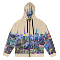 Beige hoodie with colorful Loria NYC Art cityscape design on sleeves and front, on a white background