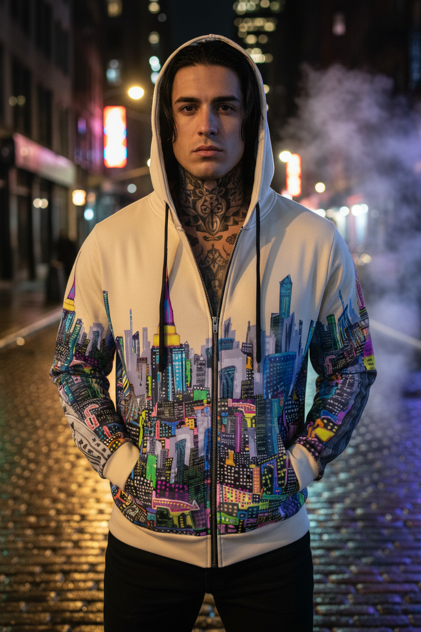 Person wearing a colorful Loria NYC Art hoodie with cityscape design on a street at night.