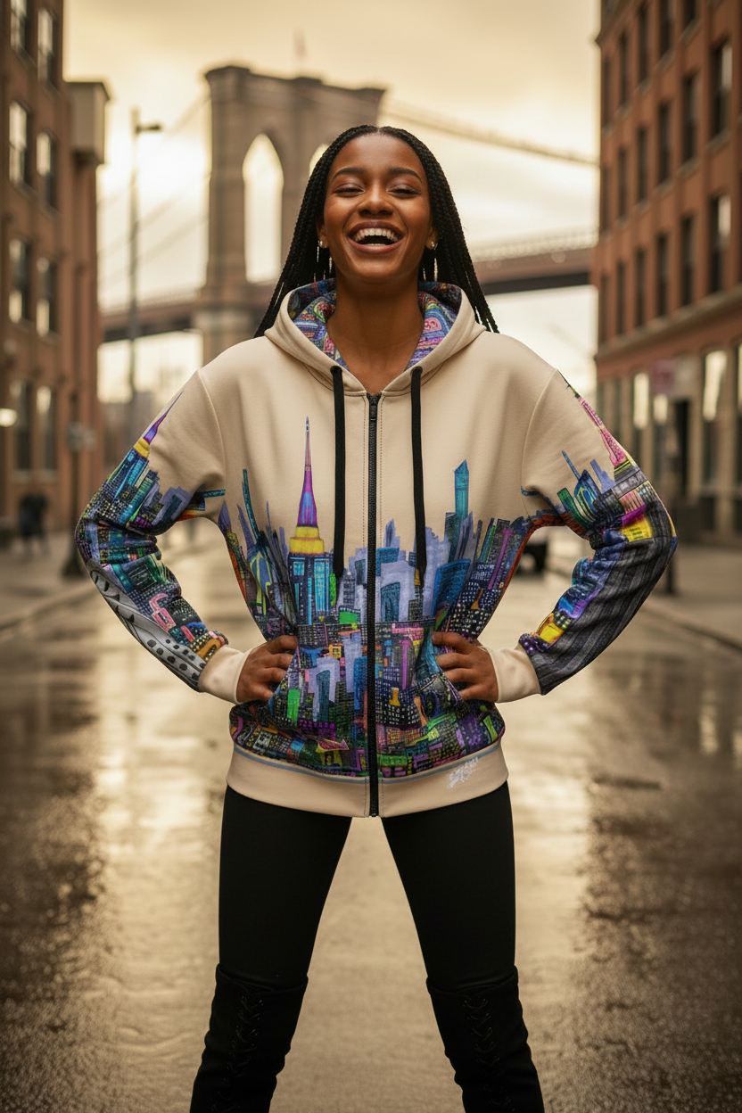 Person wearing a hoodie with Loria NYC Art colorful cityscape design on a city street.