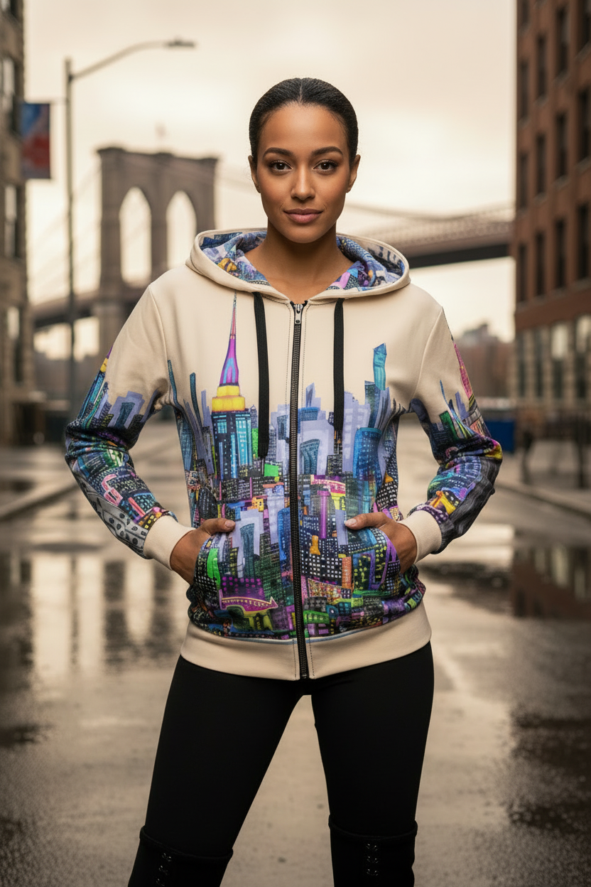 Person wearing a hoodie with a Loria NYC Art cityscape design in an urban setting