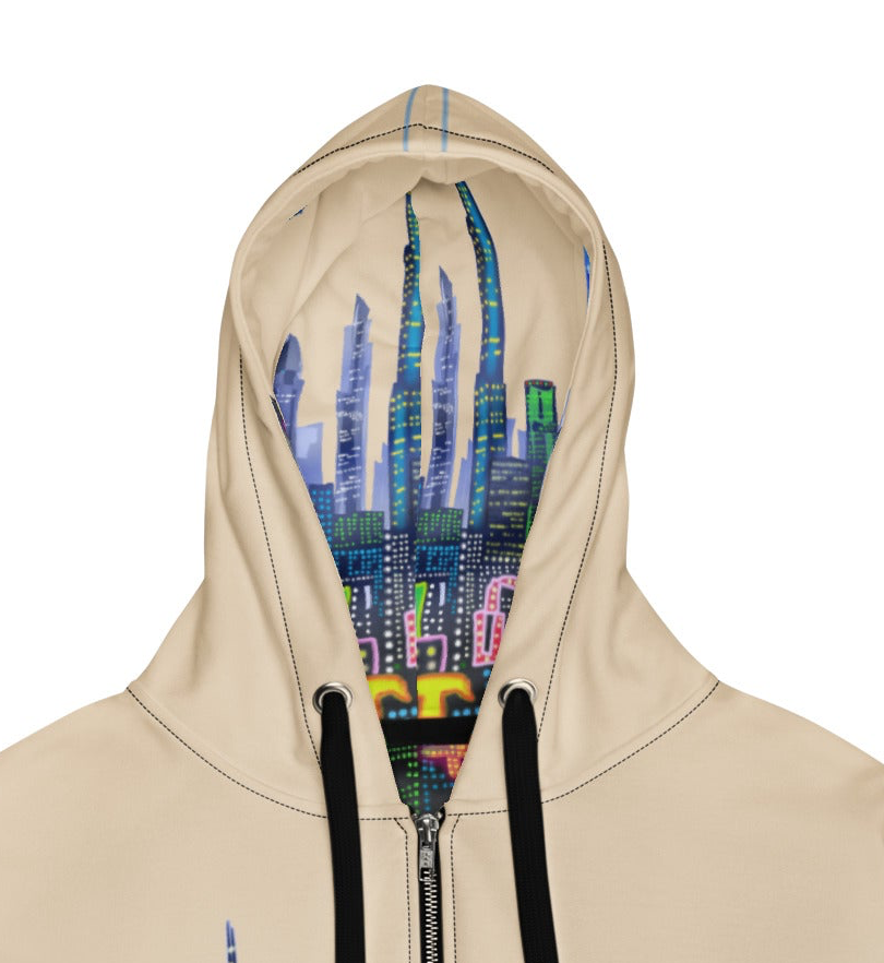 Beige hoodie with a colorful Loria NYC ART cityscape design on the hood against a white background