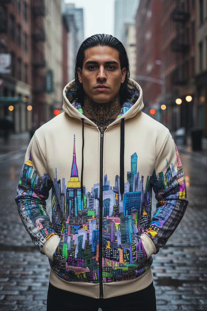 Person wearing a hoodie with a colorful cityscape Loria NYC Art design on a city street.