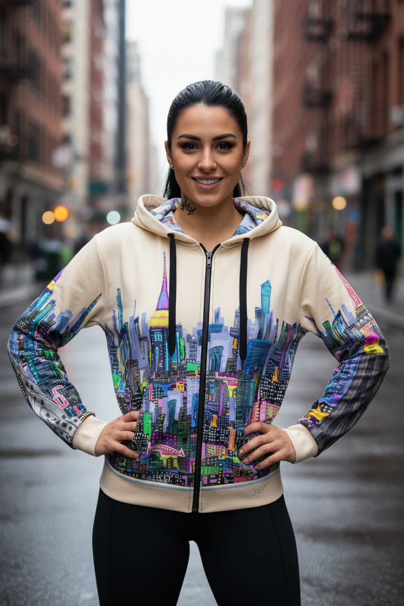 Woman wearing a hoodie with a Loria NYC Art colorful cityscape design on a city street.