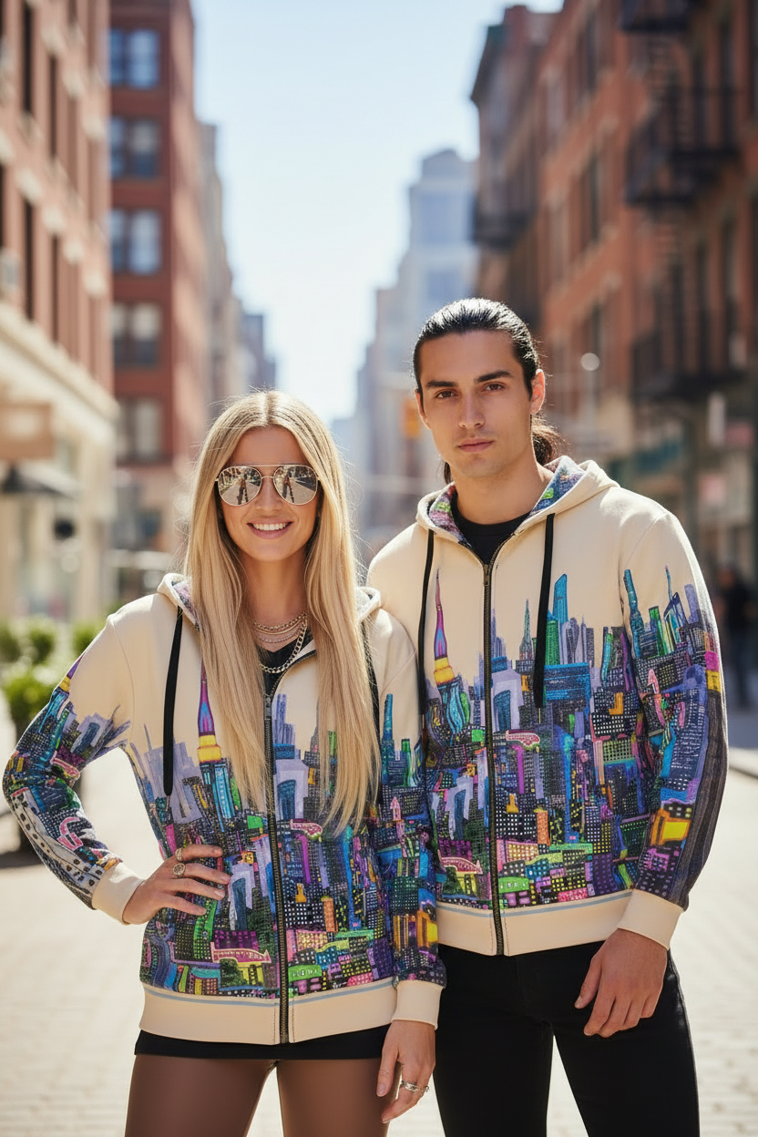 Two people wearing Loria NYC Art colorful cityscape hoodies on a city street.