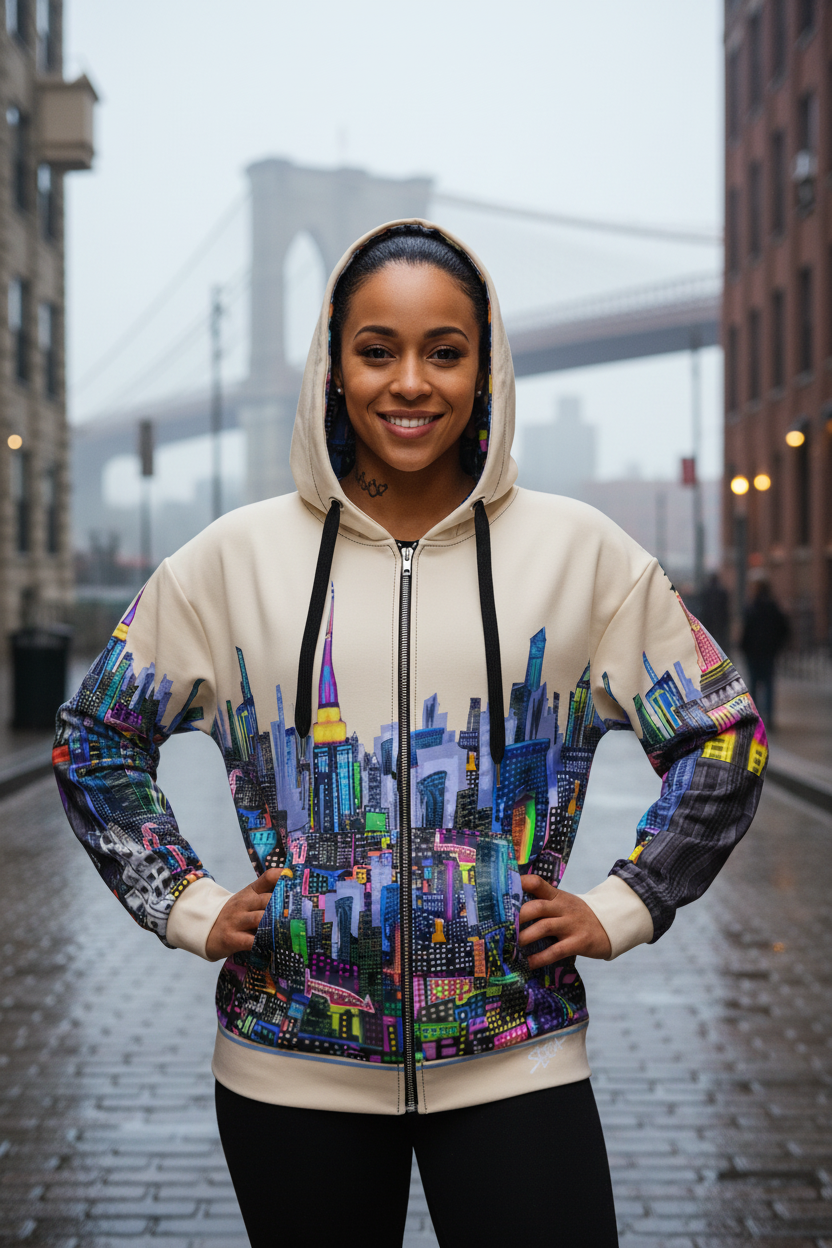 Person wearing a hoodie with a Loria NYC Art cityscape design in an urban setting