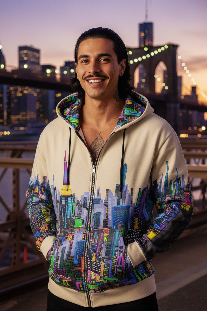 Person wearing a colorful Loria NYC Art hoodie with a cityscape design against a plain background