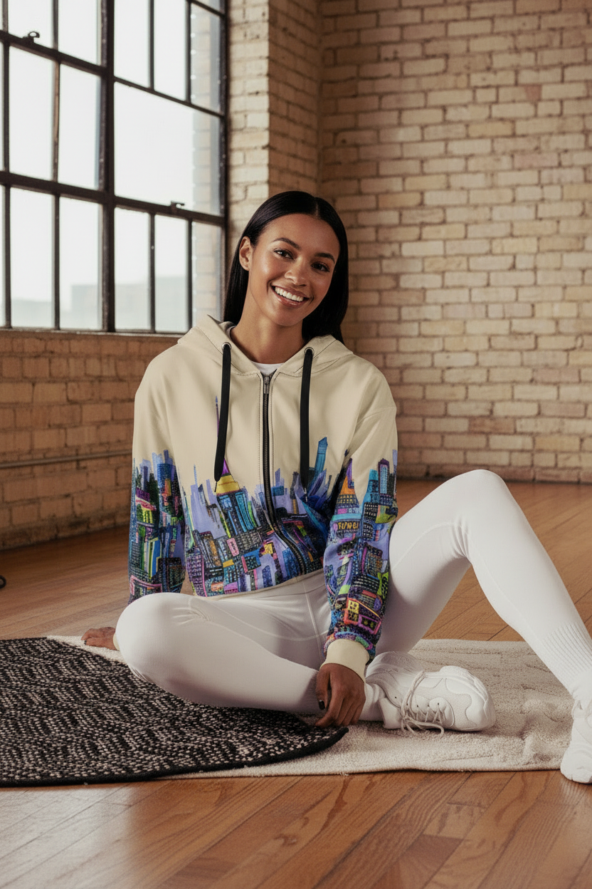 Person wearing colorful Loria NYC Art hoodie sitting on a rug in a room with brick walls and large windows.