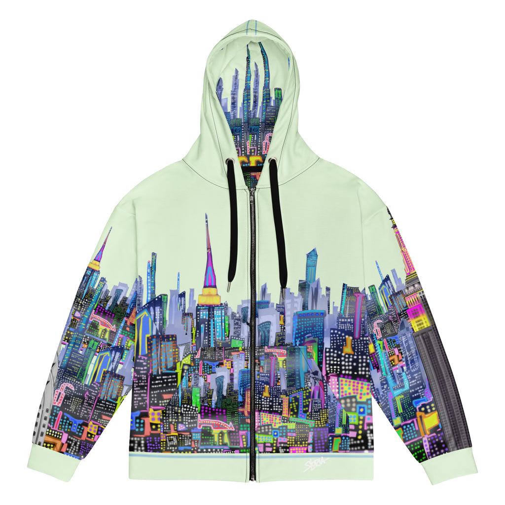 Hoodie with colorful cityscape Loria NYC Art design on a light green background