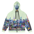 Hoodie with colorful cityscape Loria NYC Art design on a light green background