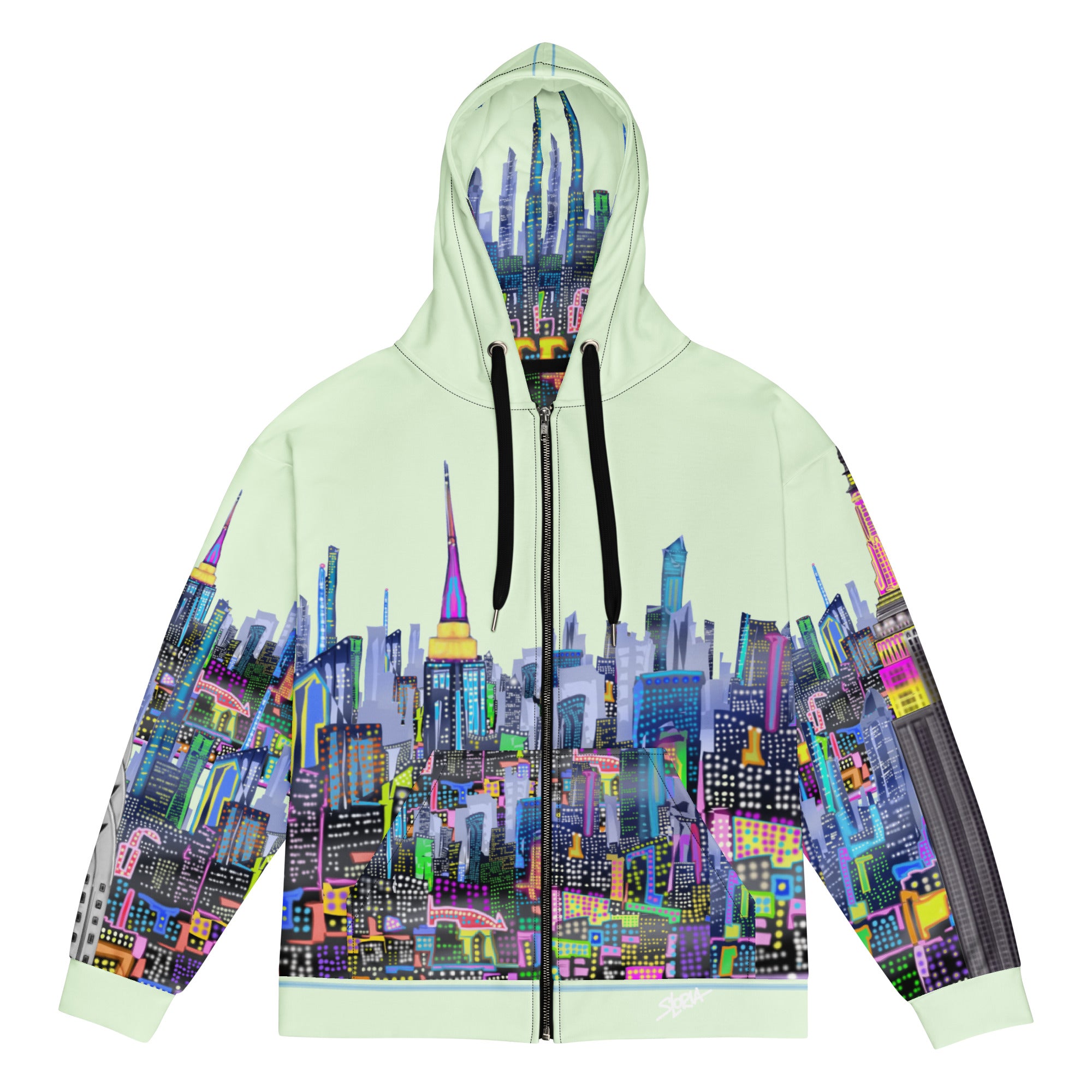 Hoodie with colorful cityscape Loria NYC Art design on a light green background