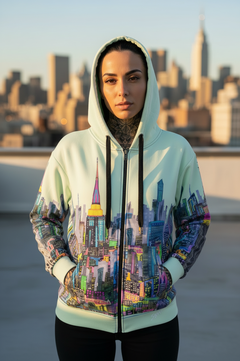 Person wearing a hoodie with a cityscape Loria NYC Art design against a city skyline.