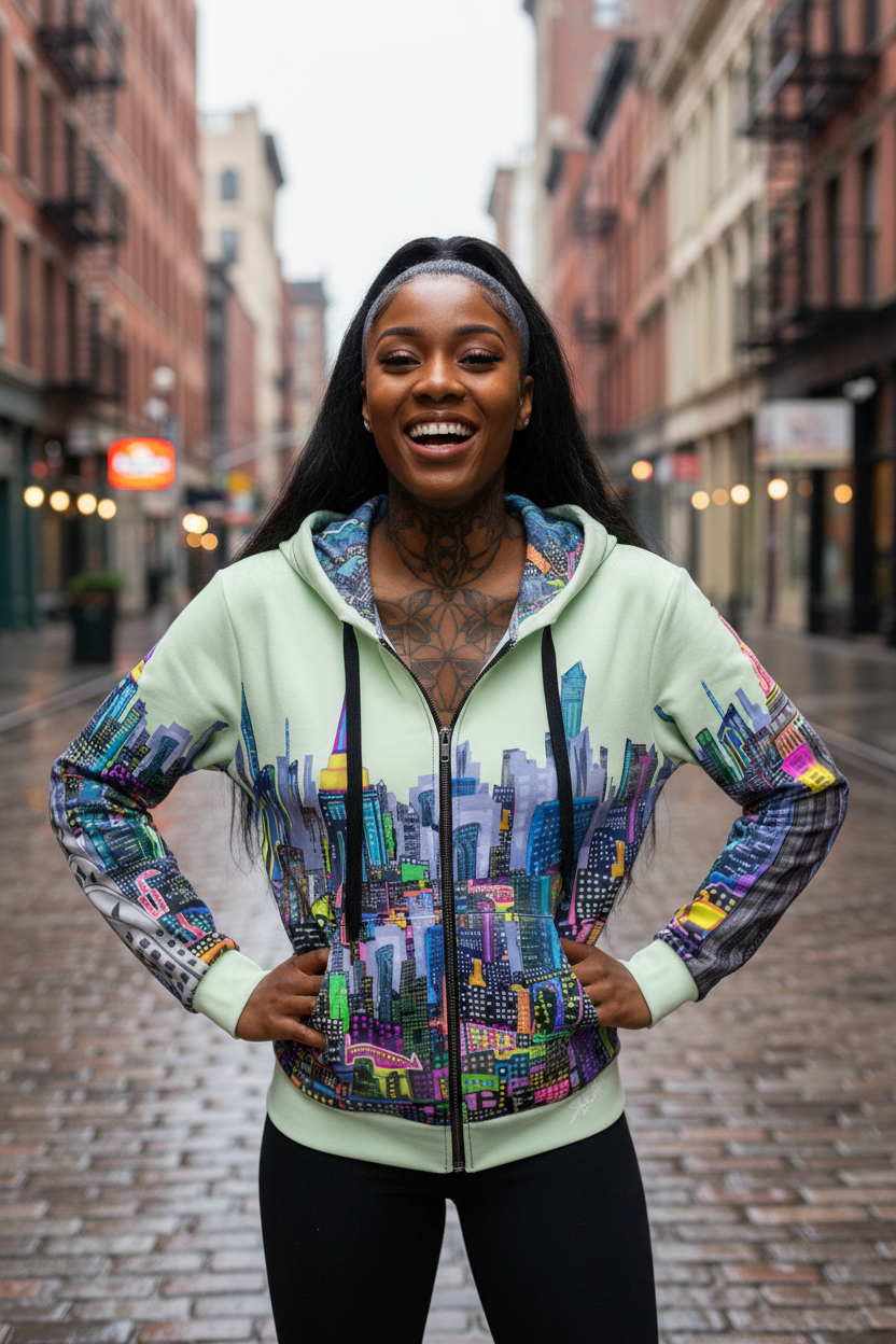 Woman wearing a colorful cityscape Loria NYC Art hoodie on a city street
