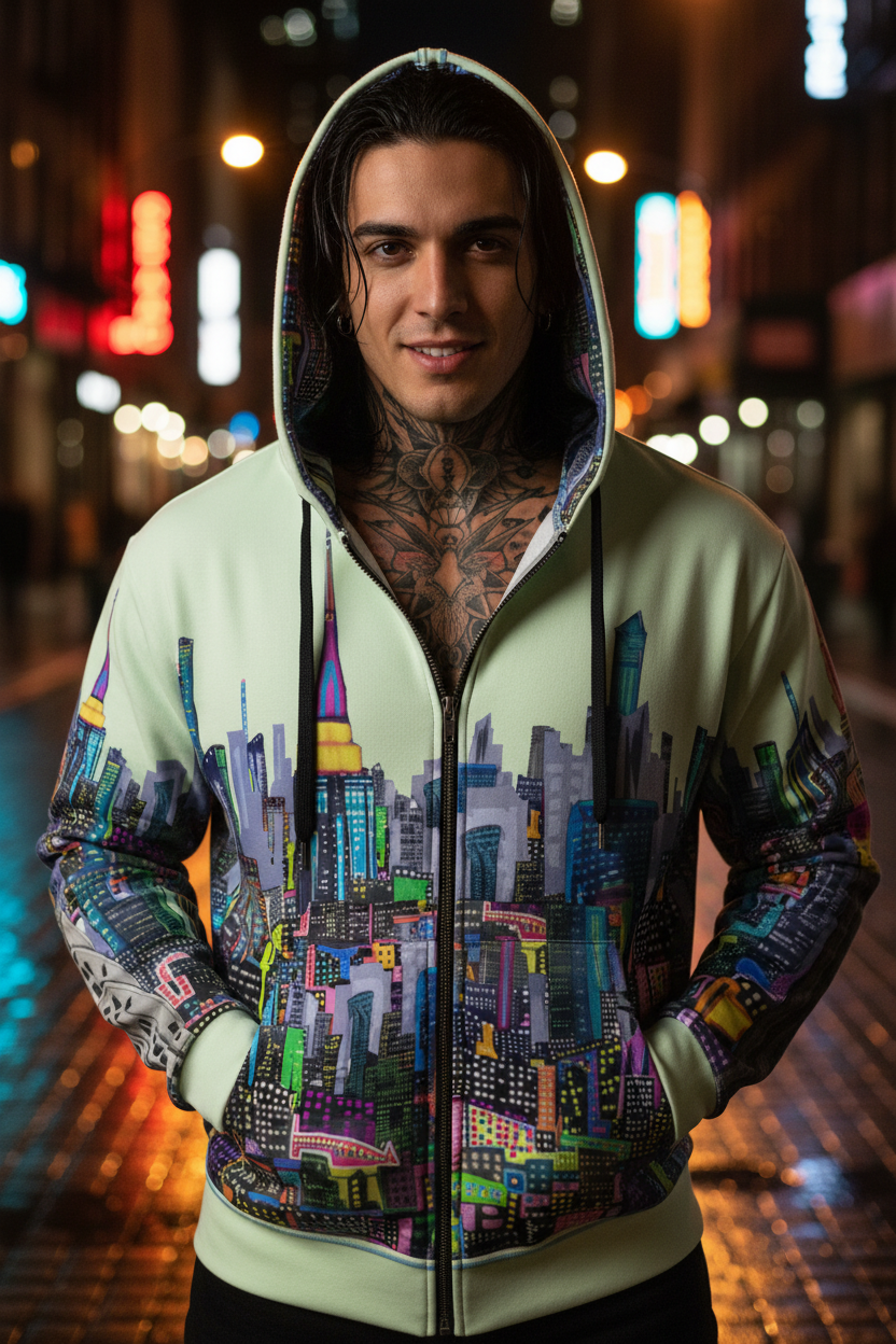 Person wearing a hoodie with a colorful cityscape Loria NYC Art design on a neon-lit street.