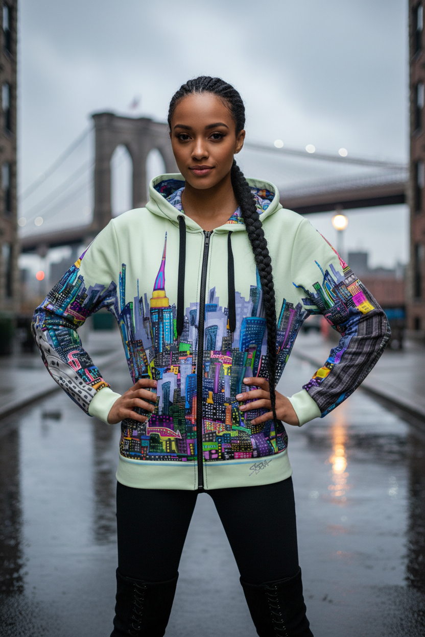 Person wearing a colorful Loria NYC Art hoodie with a cityscape design, standing in front of the Brooklyn Bridge.