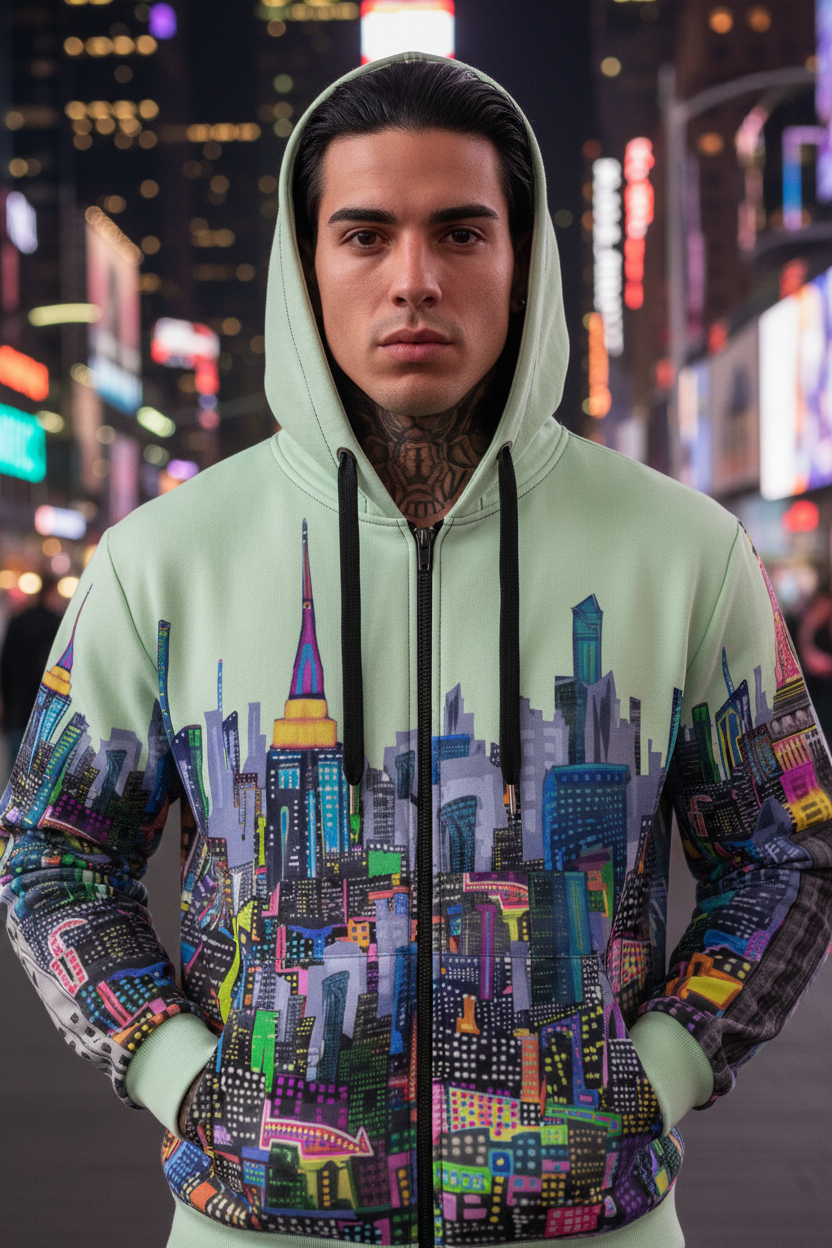 Person wearing a hoodie with a colorful cityscape Loria NYC Art design against a night cityscape background