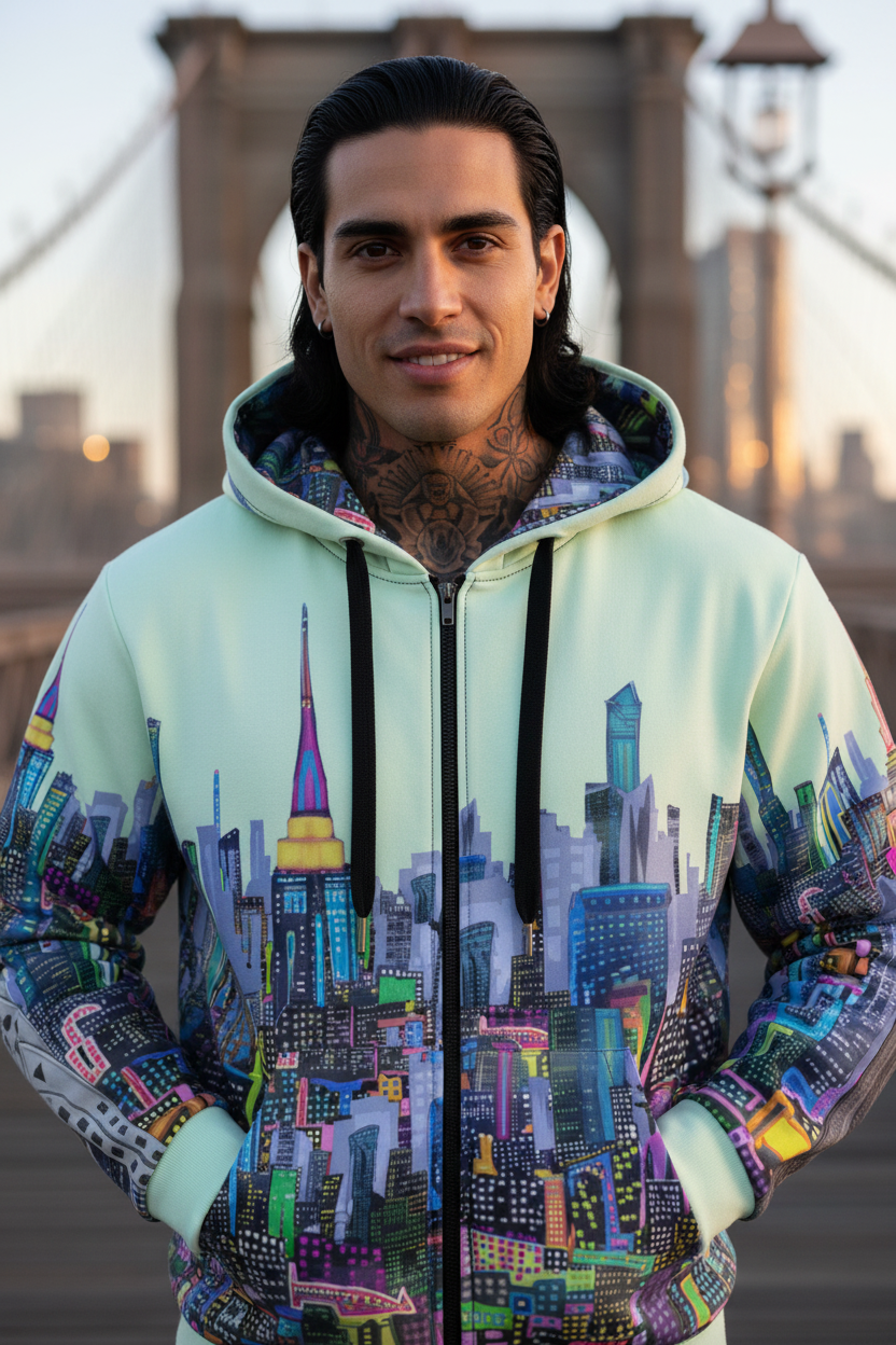 Person wearing a colorful Loria NYC Art hoodie with cityscape design in front of a bridge.