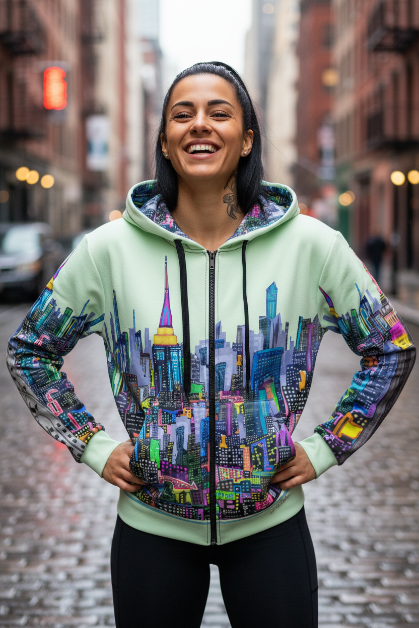 Person wearing a colorful Loria NYC Art cityscape hoodie on a city street