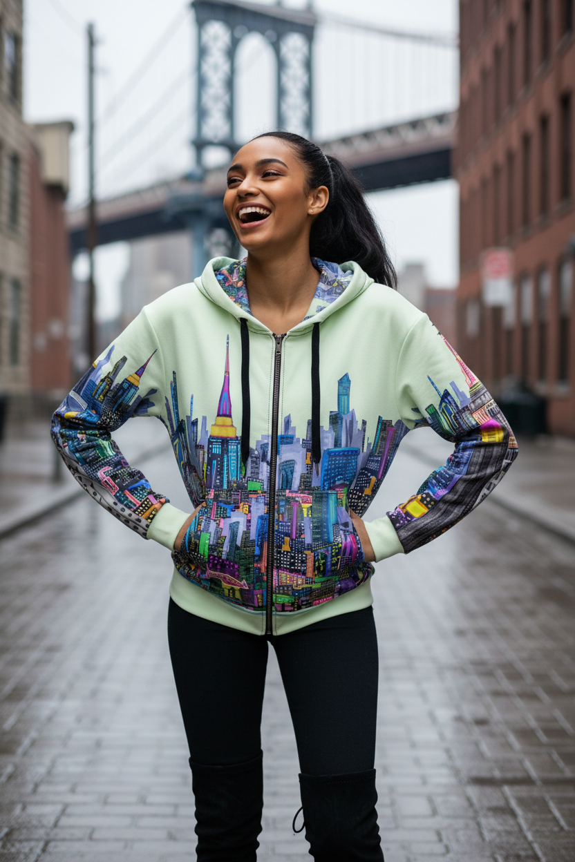 Woman wearing a colorful cityscape Loria NYC Art hoodie in an urban setting