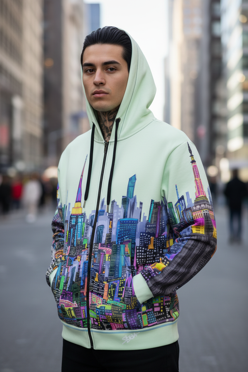 Person wearing a hoodie with a colorful cityscape Loria NYC Art design on a city street.
