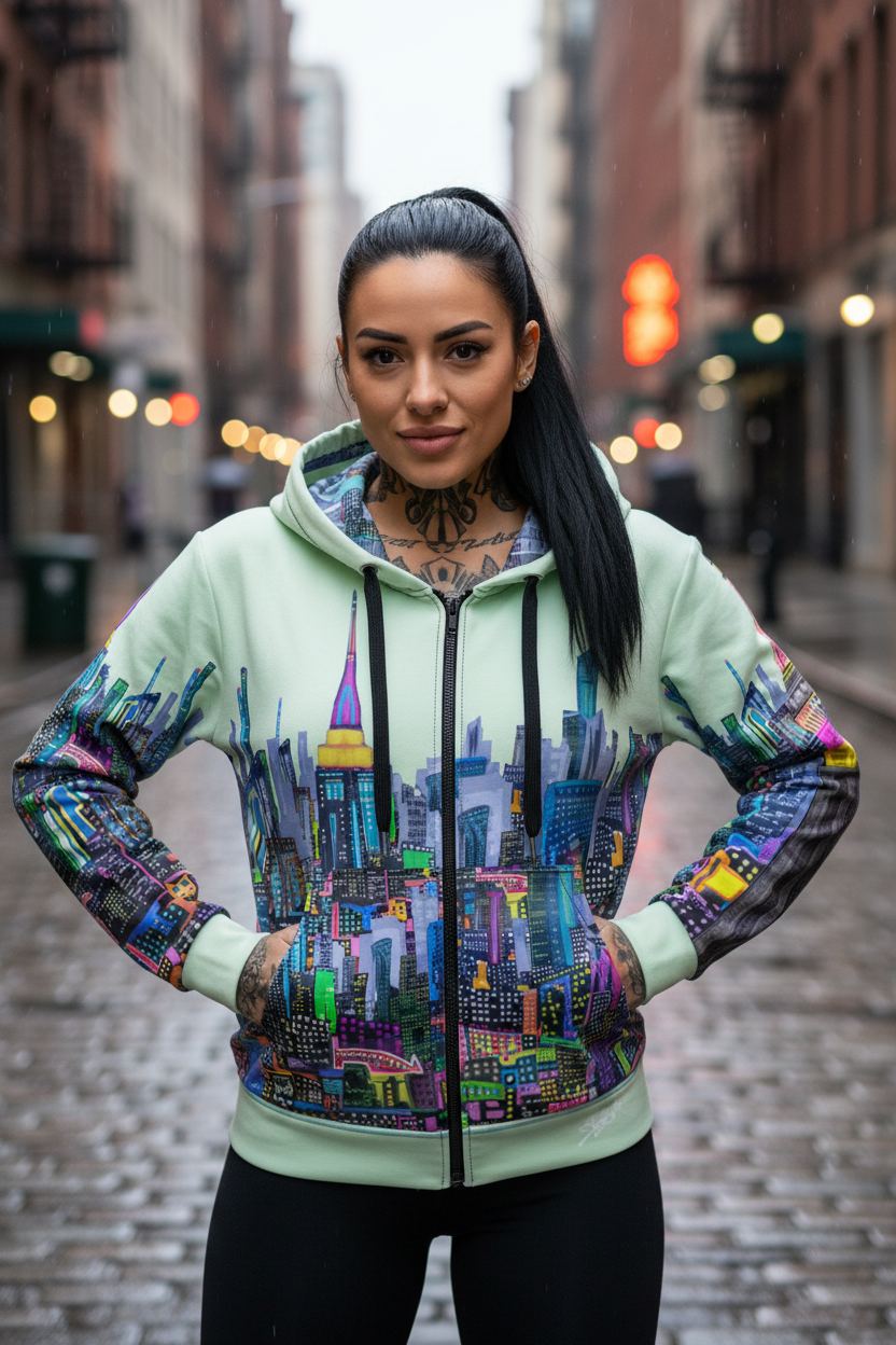 Woman wearing a colorful Loria NYC Art cityscape hoodie on a city street.