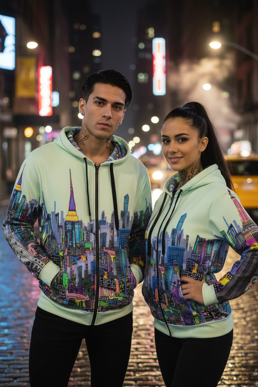 Two people wearing colorful Loria NYC Art cityscape hoodies on a city street at night. 
