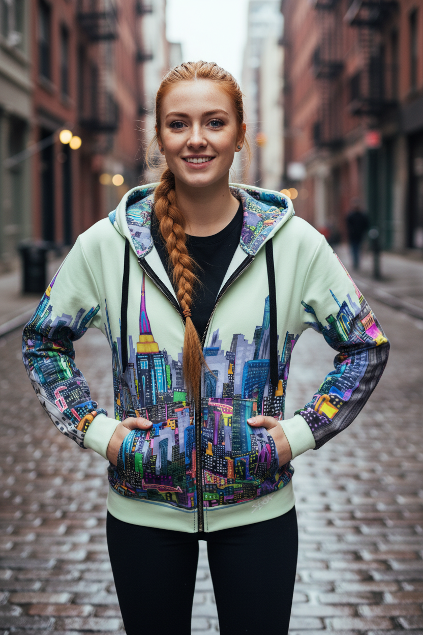 Woman wearing a Loria NYC Art colorful hoodie with a cityscape design on a street.