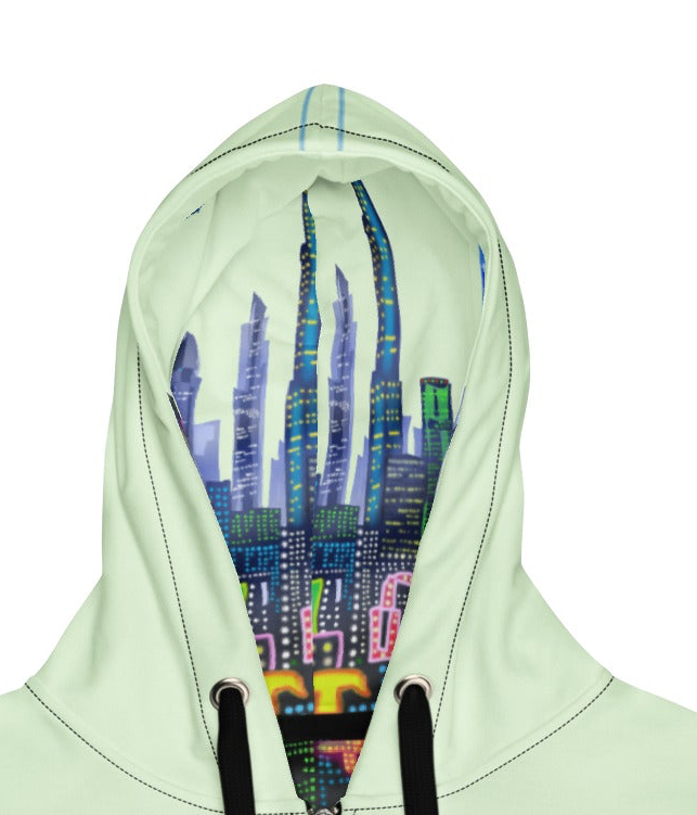 Light green hoodie with a colorful cityscape Loria NYC Art design on the hood
