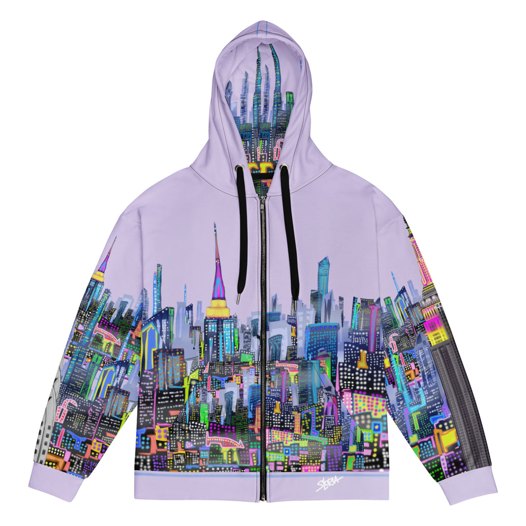 Hoodie with a colorful cityscape  Loria NYC Art design on a white background