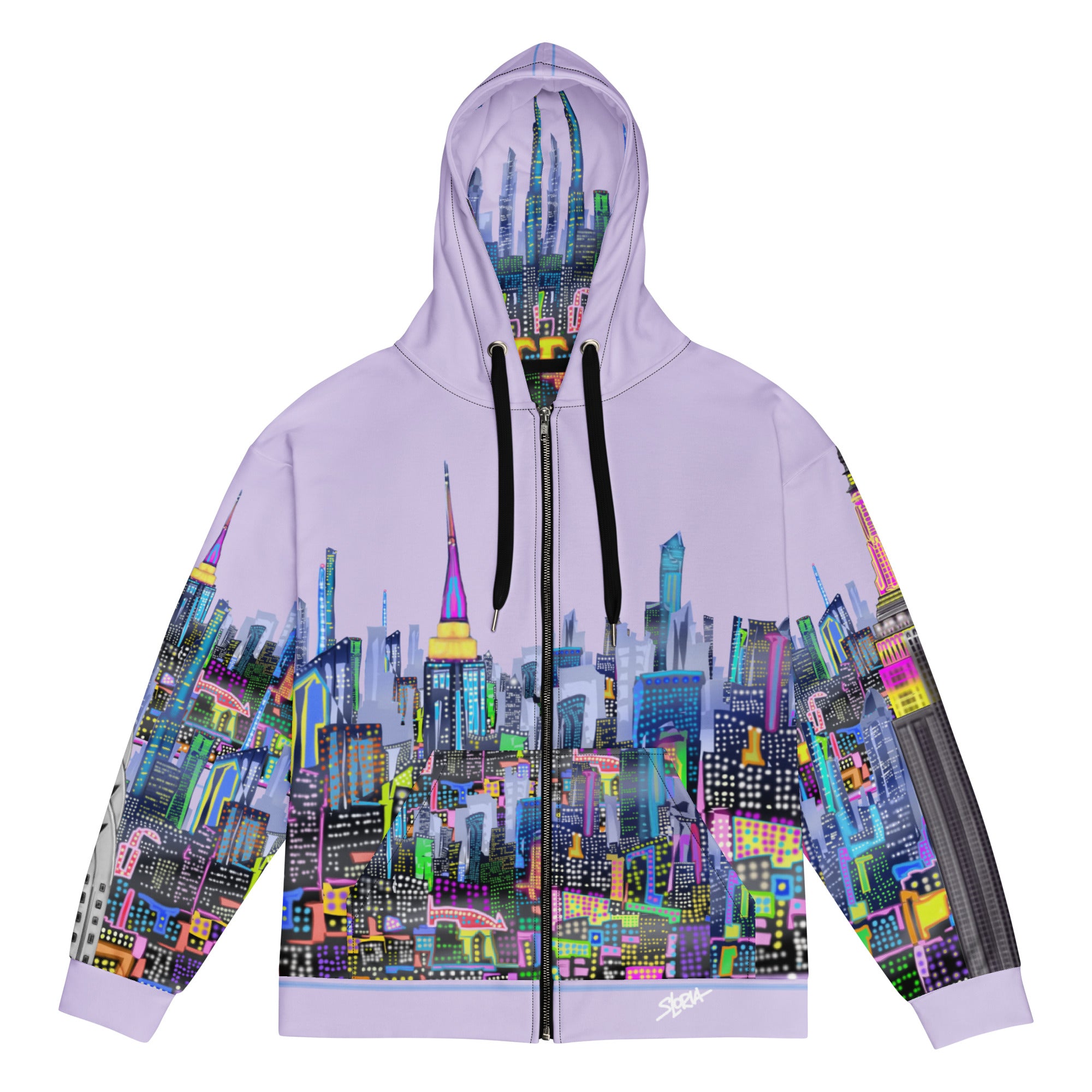 Hoodie with a colorful cityscape  Loria NYC Art design on a white background