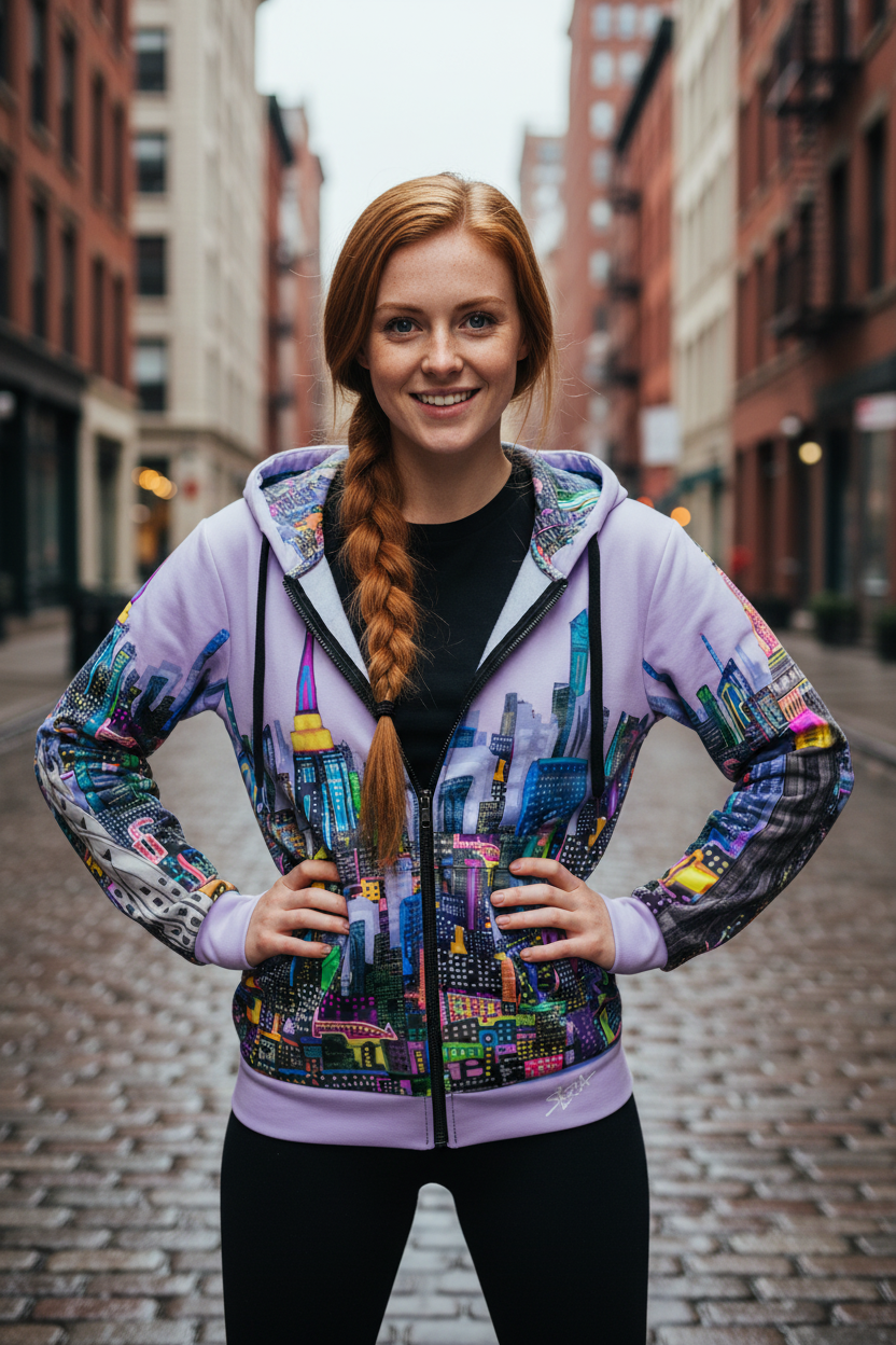 Woman wearing a colorful Loria NYC Art hoodie with a cityscape design on a street.