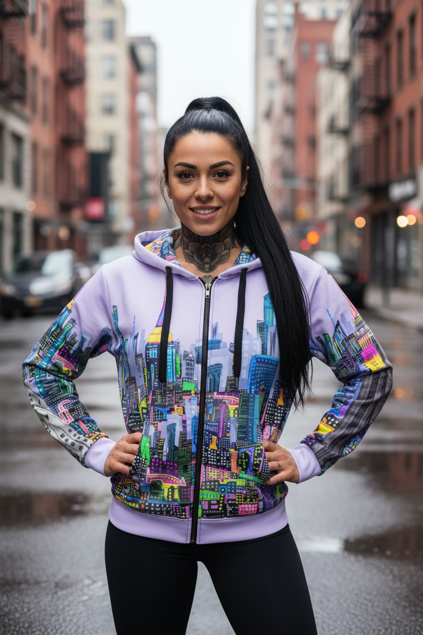 Woman wearing a colorful cityscape Loria NYC Art hoodie on a city street.