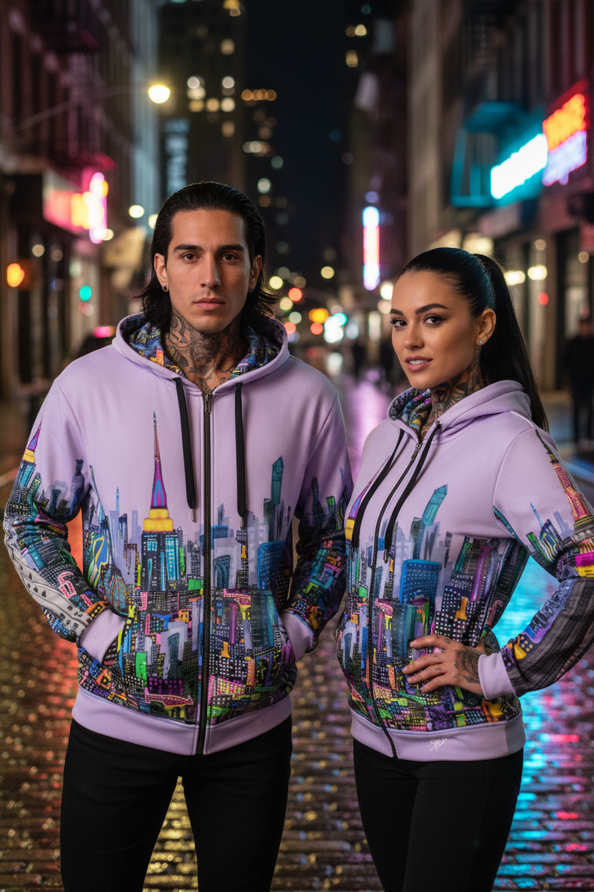 Two people wearing colorful hoodies with cityscape Loria NYC Art design on a neon-lit street.