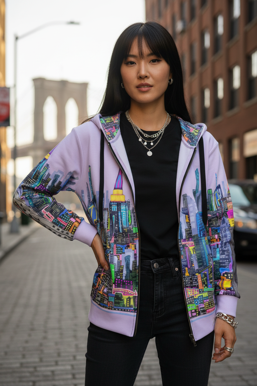Woman wearing a colorful jacket with cityscape Loria NYC Art design on a street.