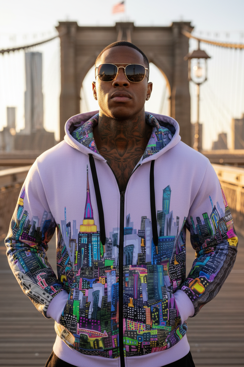 Person wearing a colorful Loria NYC Art hoodie with cityscape design in front of the Brooklyn Bridge.
