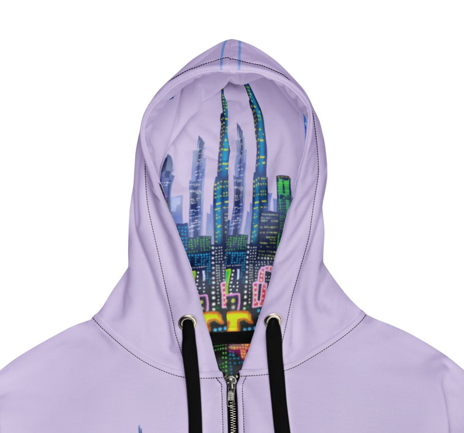 Lavender hoodie with a colorful Loria NYC Art cityscape design on the hood against a white background
