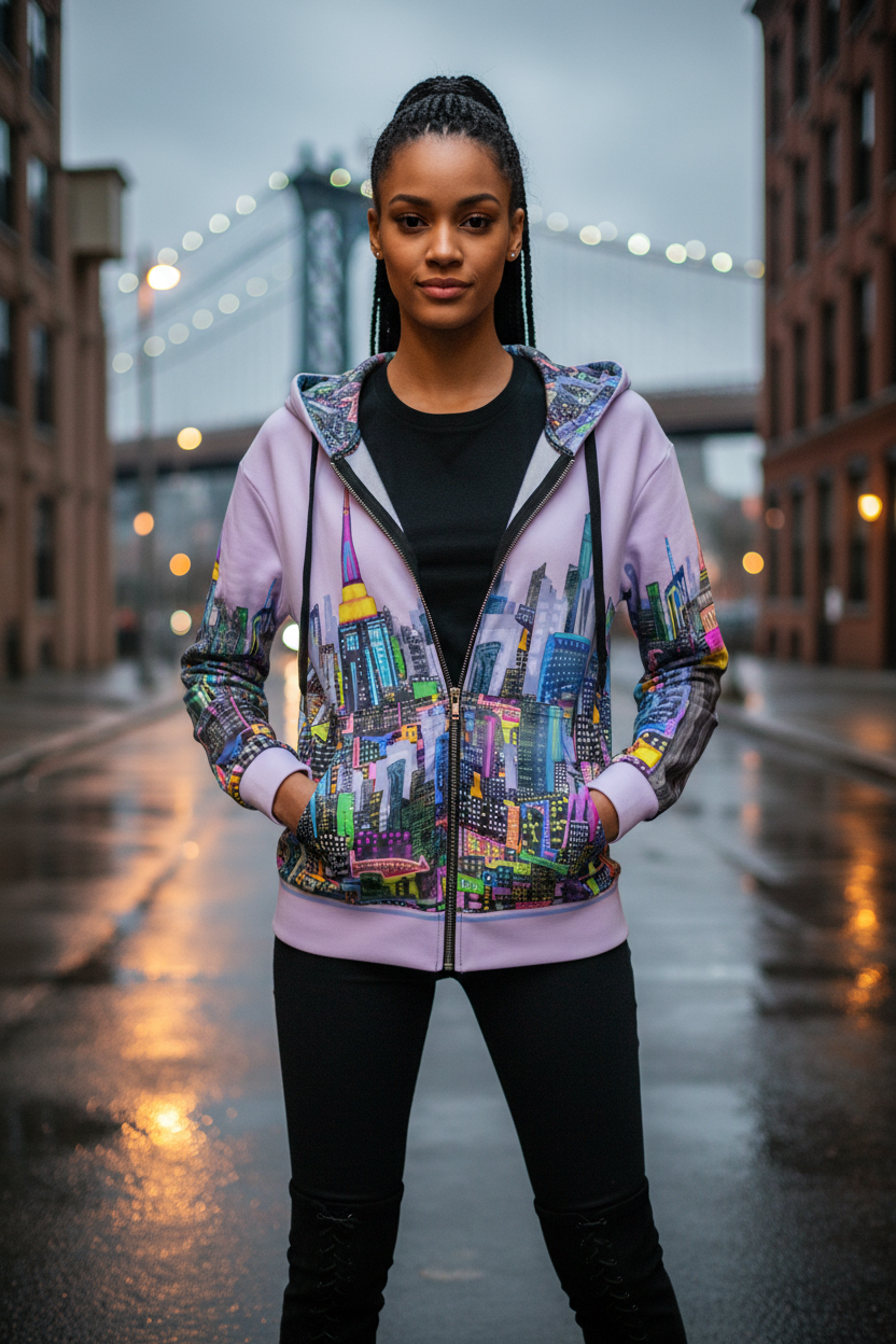 Person wearing a colorful hoodie with cityscape Loria NYC Art design in an urban setting